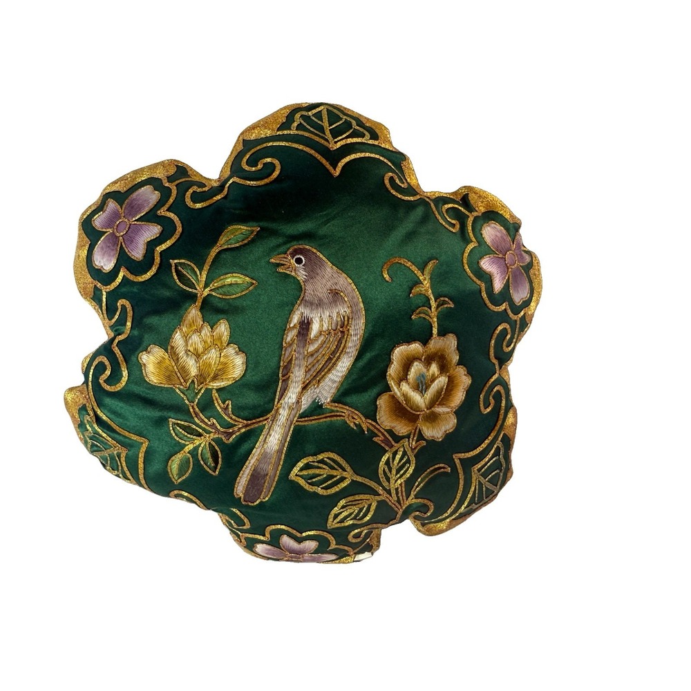 NOS Vintage Silk Chinoiserie Pillow Gold Bullion Metallic Embroidered Green Bird